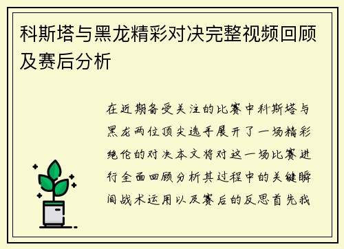 科斯塔与黑龙精彩对决完整视频回顾及赛后分析